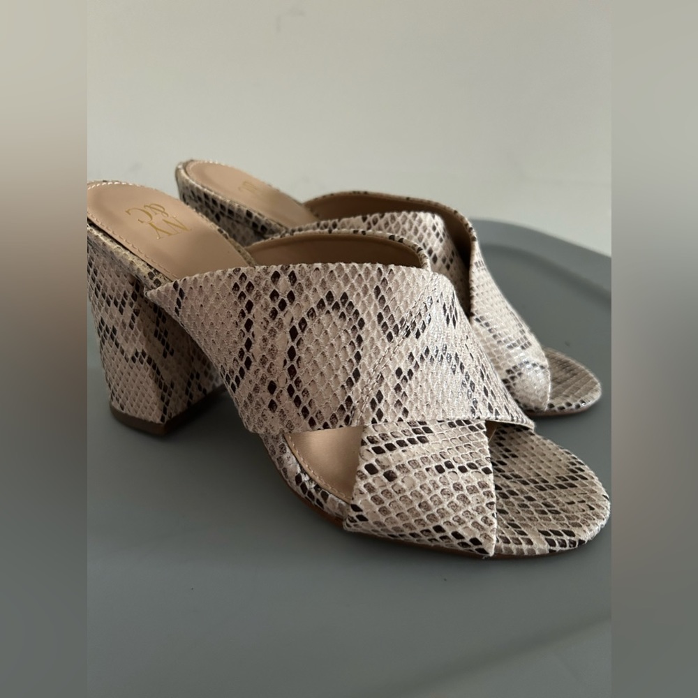 Snake Print Open Toe Block Mule Sandals/Heels (NWOT)